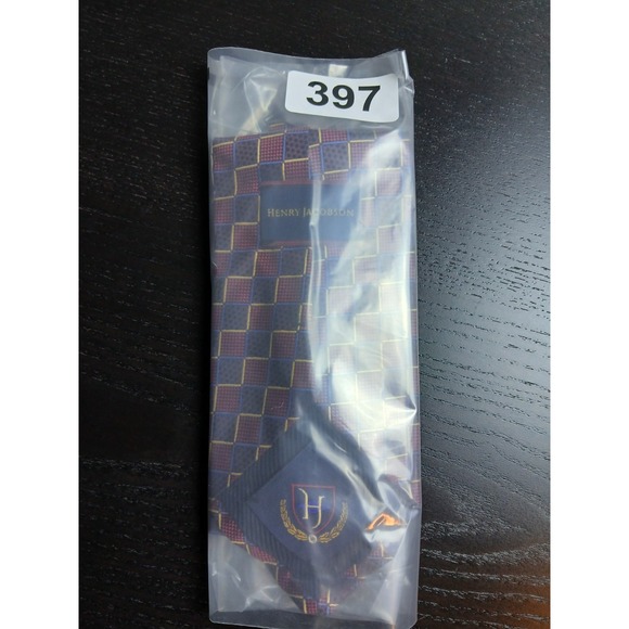 HENRY JACOBSON 100% Silk Tie Necktie Designer Gold/Blue/Red Businessman #397C - Picture 7 of 8